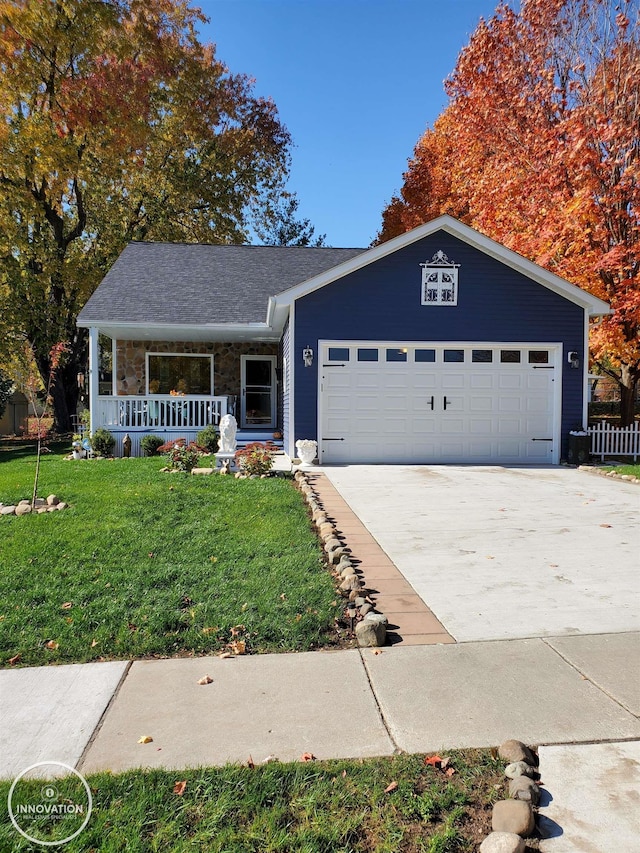 view of front of house featuring concrete driveway, stone siding, an attached garage, a porch, and a front yard