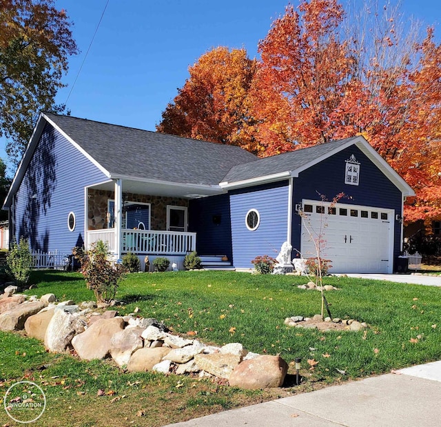 single story home with roof with shingles, a porch, a front yard, a garage, and driveway