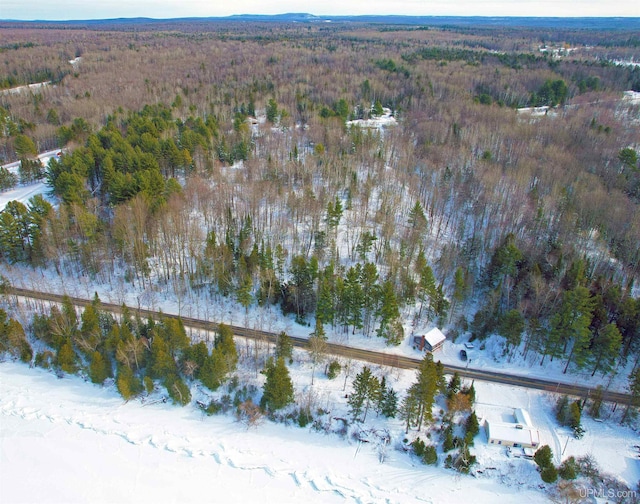 drone / aerial view with a wooded view