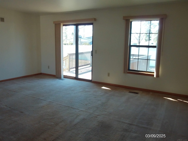 spare room featuring carpet, baseboards, and a healthy amount of sunlight