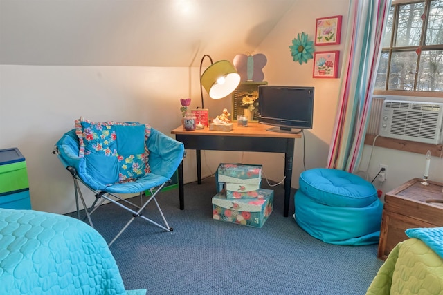 bedroom with lofted ceiling, cooling unit, and carpet flooring