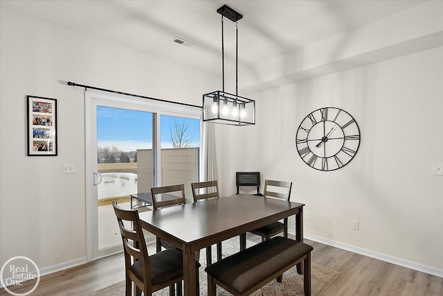 dining room with light wood-style floors, visible vents, and baseboards