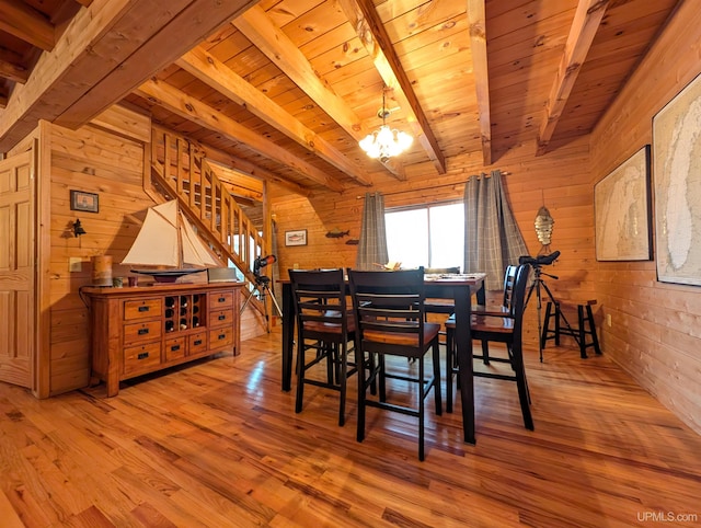 dining room with wood finished floors, wooden ceiling, wood walls, and stairs