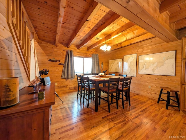 dining area featuring wood walls, wood ceiling, light wood-style floors, and beamed ceiling