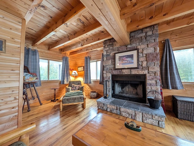 living room featuring wood ceiling, wood walls, a stone fireplace, and hardwood / wood-style flooring