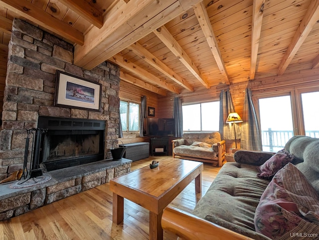 living area with wooden ceiling, wooden walls, and wood finished floors