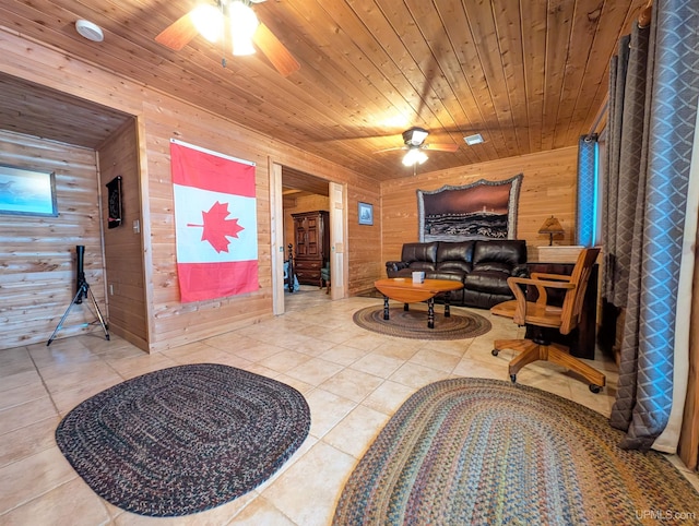 interior space with a ceiling fan, tile patterned flooring, wood ceiling, and wood walls