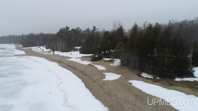 snowy aerial view featuring a view of trees