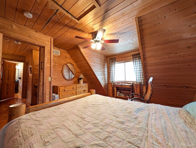 bedroom with visible vents, ceiling fan, wood ceiling, and wooden walls