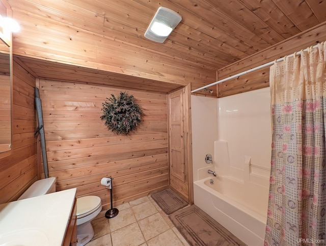 bathroom featuring shower / bath combination with curtain, toilet, wood ceiling, wood walls, and tile patterned flooring