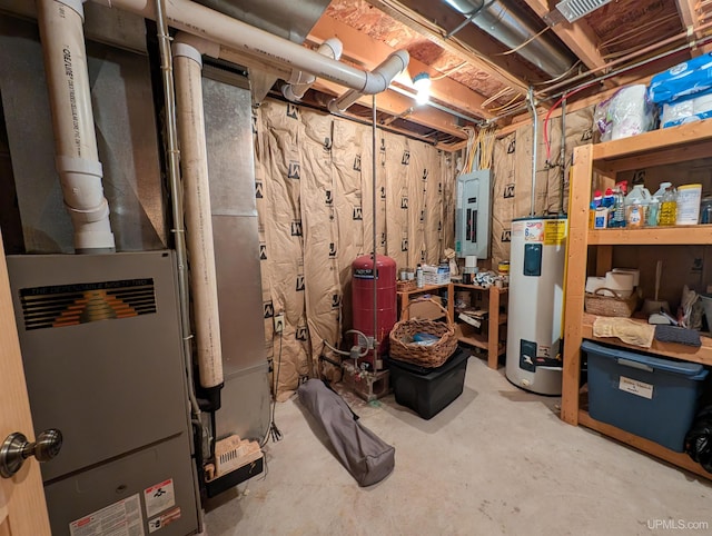 unfinished basement featuring heating unit, electric water heater, and electric panel