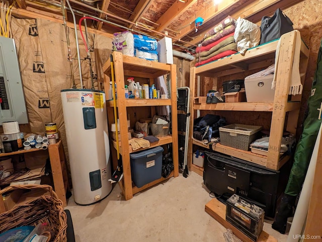 storage room with electric panel and electric water heater