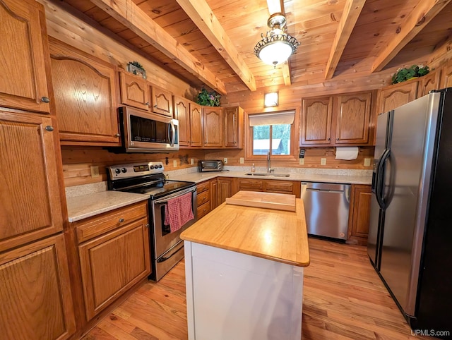 kitchen featuring wooden ceiling, a sink, light wood-style floors, wooden counters, and appliances with stainless steel finishes