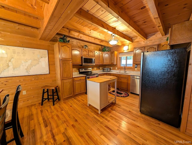 kitchen featuring wooden ceiling, light wood-style flooring, wooden walls, stainless steel appliances, and a sink