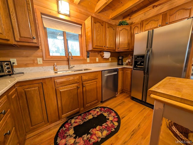 kitchen featuring light wood-style flooring, stainless steel appliances, a sink, wood ceiling, and brown cabinetry