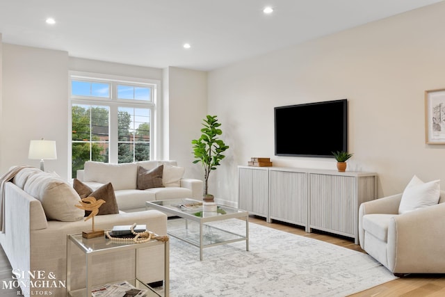 living area with wood finished floors and recessed lighting