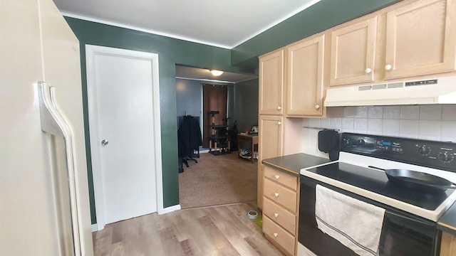 kitchen with white refrigerator with ice dispenser, electric range, decorative backsplash, light brown cabinetry, and under cabinet range hood