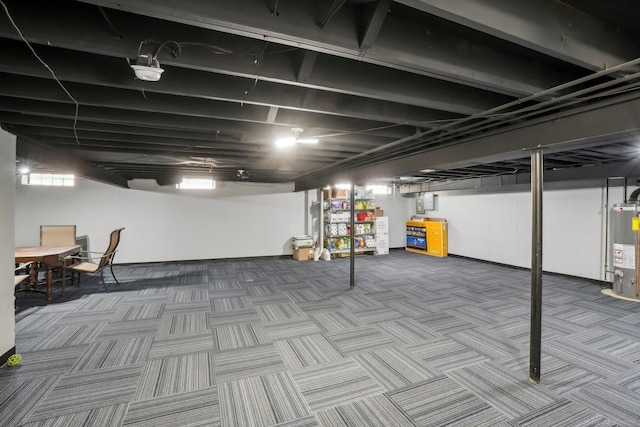 finished basement with carpet floors and water heater