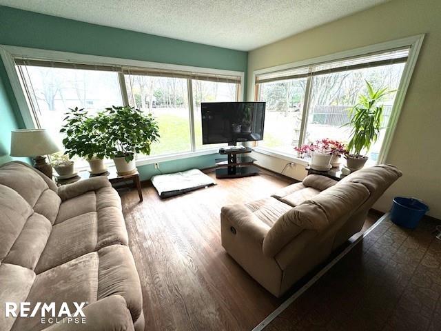 living area featuring a textured ceiling and wood finished floors