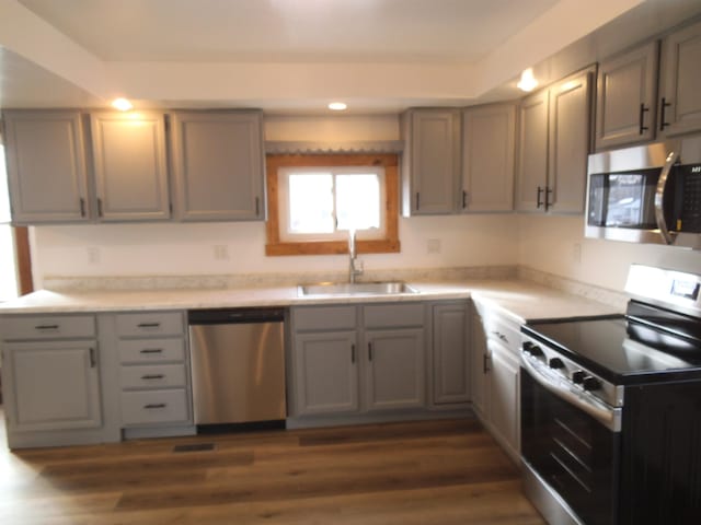 kitchen featuring stainless steel appliances, a sink, and gray cabinetry