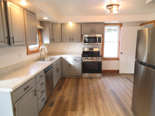 kitchen with wood finished floors, appliances with stainless steel finishes, gray cabinets, and a sink