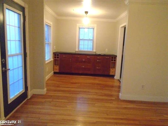 interior space featuring ornamental molding, plenty of natural light, and wood finished floors