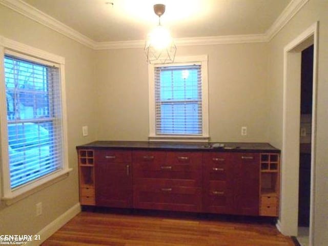 interior space with dark wood-type flooring, a wealth of natural light, ornamental molding, and baseboards