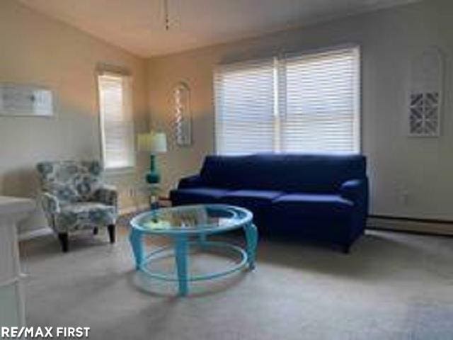 living room with lofted ceiling and a baseboard radiator