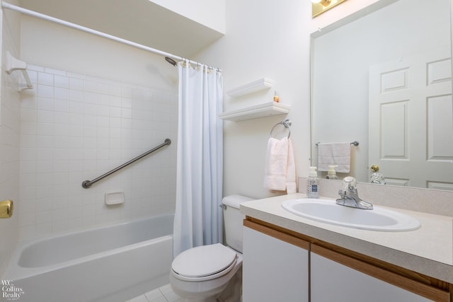 bathroom featuring tile patterned flooring, vanity, toilet, and shower / bath combo with shower curtain