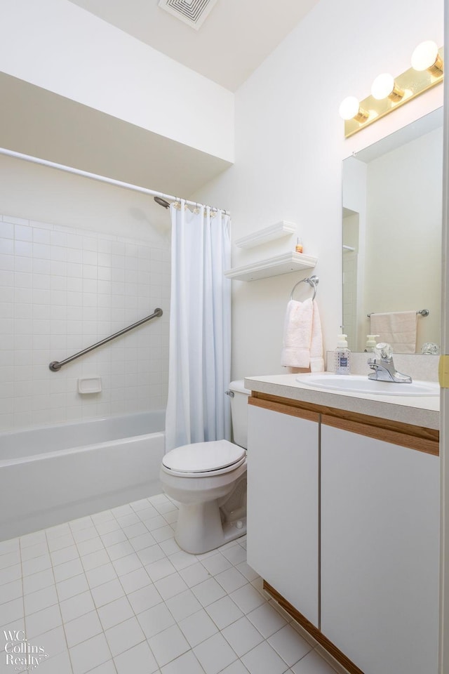 full bathroom with vanity, shower / bath combo, tile patterned flooring, and toilet