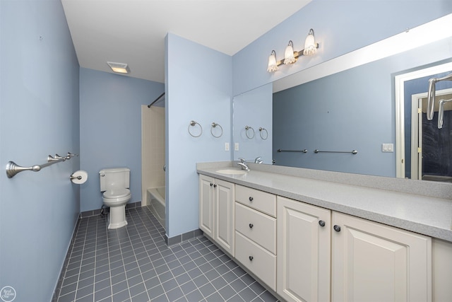 full bath with baseboards, toilet, shower / bath combination, tile patterned floors, and vanity