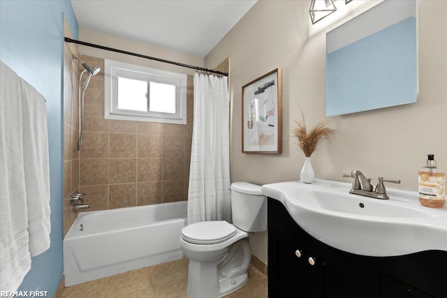 bathroom featuring toilet, vanity, shower / bath combination with curtain, and tile patterned floors