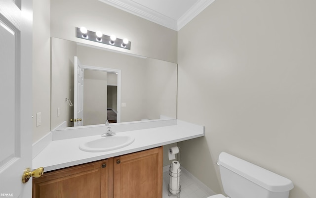 half bath featuring toilet, baseboards, ornamental molding, and vanity