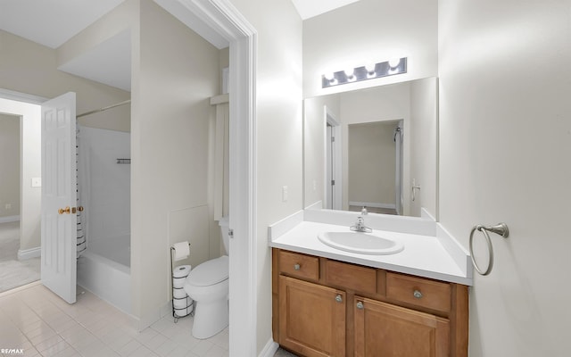 full bathroom featuring shower / bath combination, tile patterned flooring, vanity, and toilet