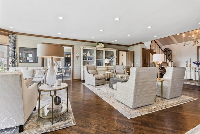 living area with stairs, recessed lighting, wood finished floors, and wallpapered walls