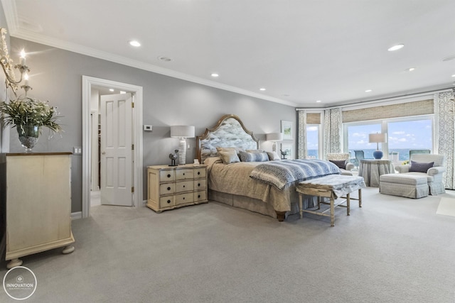 bedroom featuring recessed lighting, ornamental molding, and light colored carpet