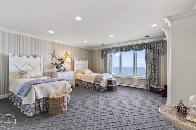 bedroom featuring recessed lighting, a water view, carpet flooring, ornamental molding, and baseboard heating