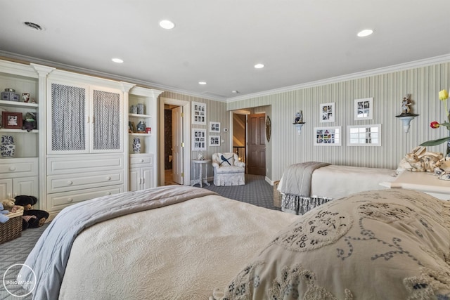 bedroom featuring wallpapered walls, ornamental molding, carpet flooring, and recessed lighting