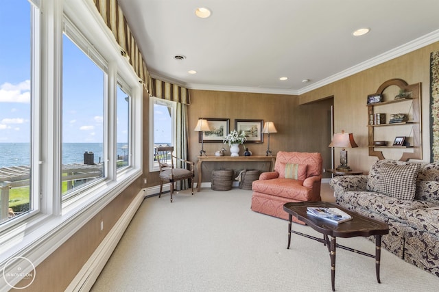 interior space featuring crown molding, recessed lighting, visible vents, a water view, and carpet flooring