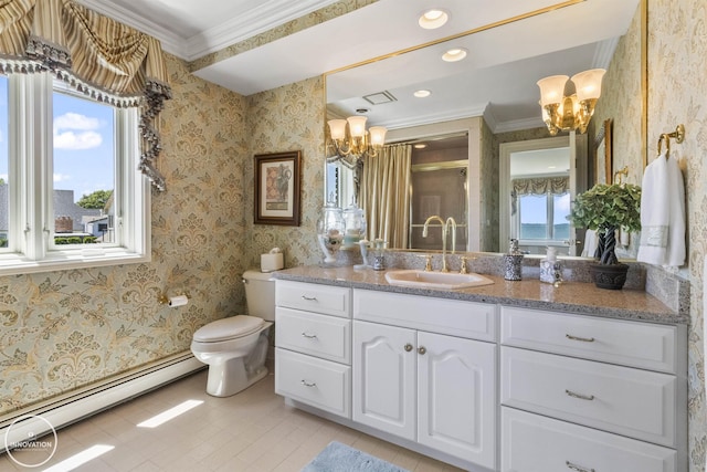 full bathroom featuring toilet, wallpapered walls, ornamental molding, and baseboard heating