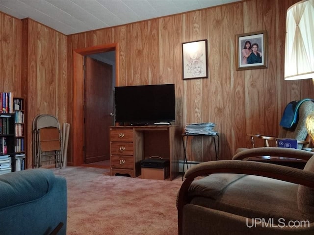 carpeted living room featuring a baseboard radiator and wood walls