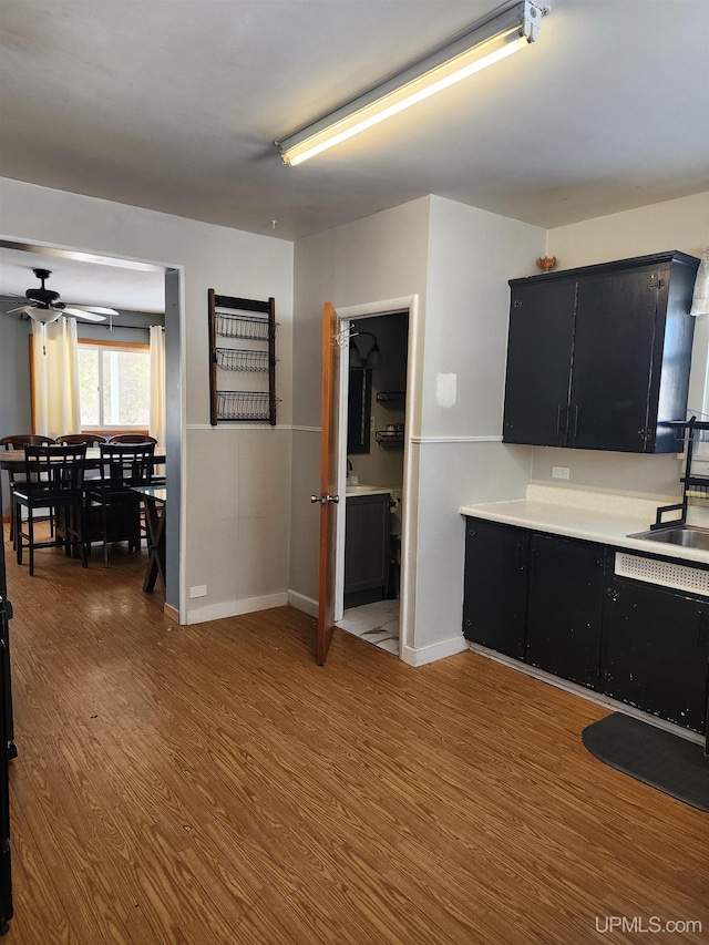 kitchen with ceiling fan, dark cabinets, wood finished floors, light countertops, and a sink