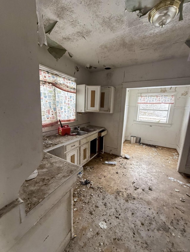 kitchen with light countertops, a sink, and white cabinetry