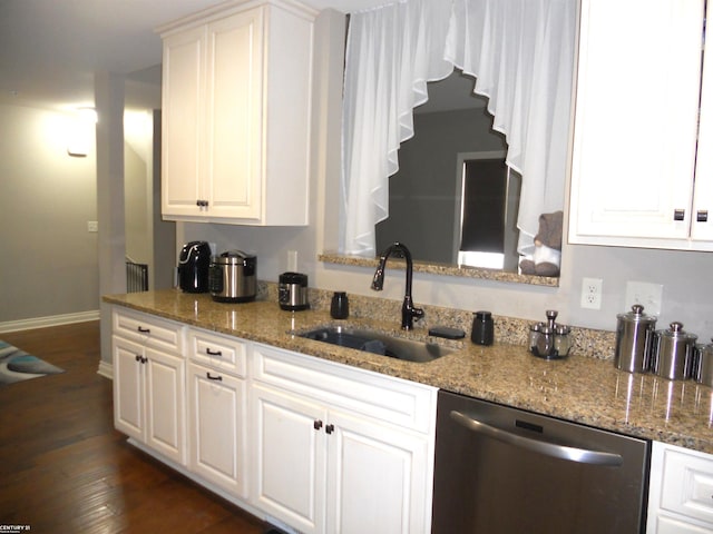 kitchen featuring a sink, white cabinetry, dark wood finished floors, and dishwasher