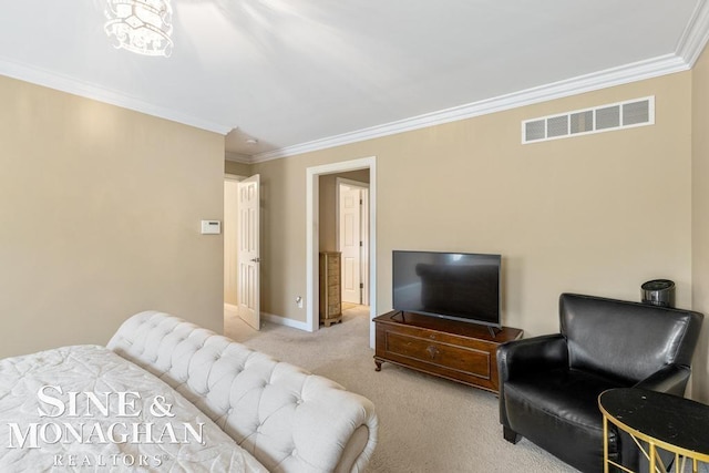 carpeted bedroom featuring baseboards, visible vents, and ornamental molding