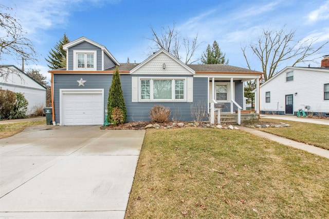 view of front of house featuring a garage, covered porch, concrete driveway, and a front yard