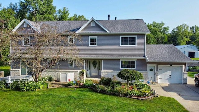 view of front facade featuring brick siding, roof with shingles, concrete driveway, a front yard, and a garage