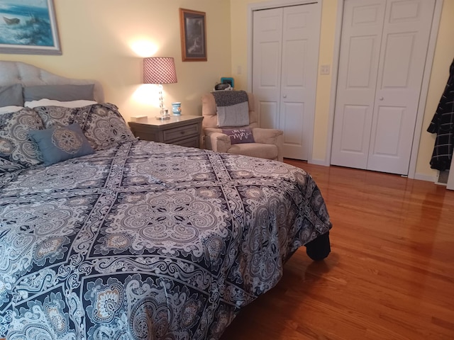 bedroom with multiple closets, baseboards, and wood finished floors