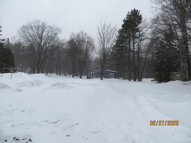 yard layered in snow featuring a garage