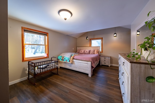 bedroom with lofted ceiling, multiple windows, baseboards, and dark wood-type flooring